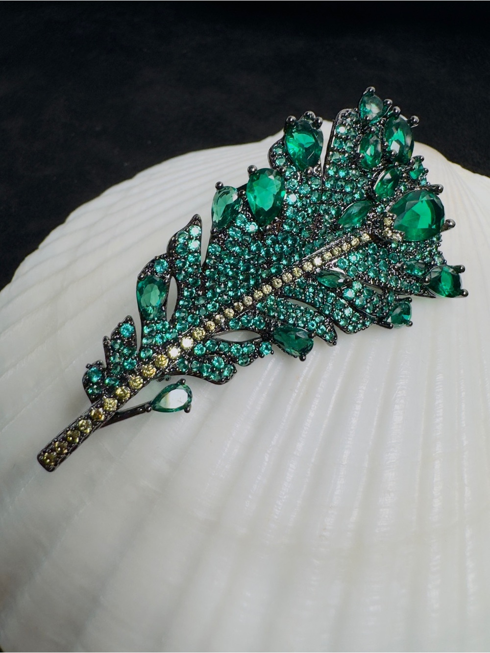 Emerald Green CZ Feather Statement Brooch Pavé Pin